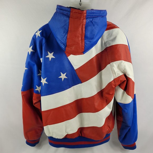 USA United States Flag Vintage Leather Full-Zip Hooded Jacket by Speedy Mens XL - Picture 2 of 3
